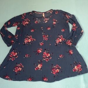 XHILARATION floral gauzy split long sleeves loose flowy blueish green size XL